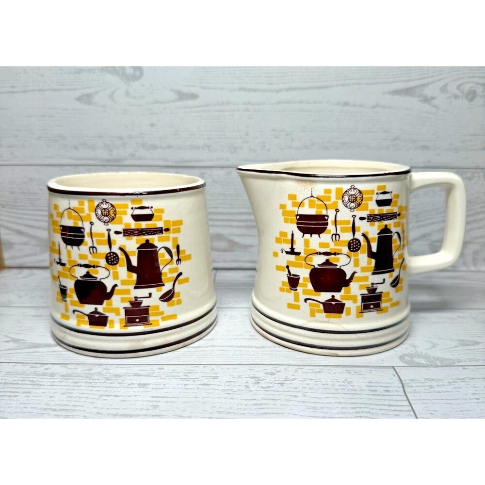 Vintage Yellow Brick and Brown Cast Iron Ceramic Cream and Sugar Set
